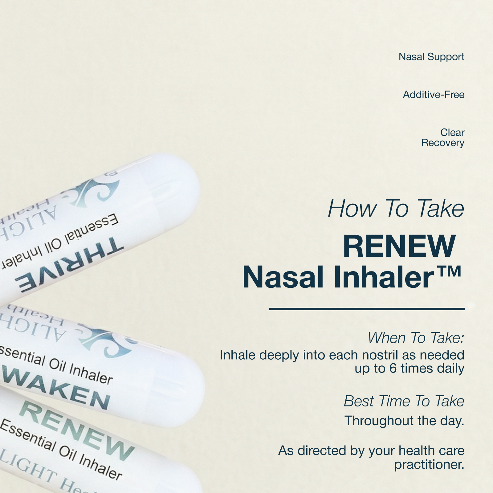 Three essential oil inhalers with text on a beige background