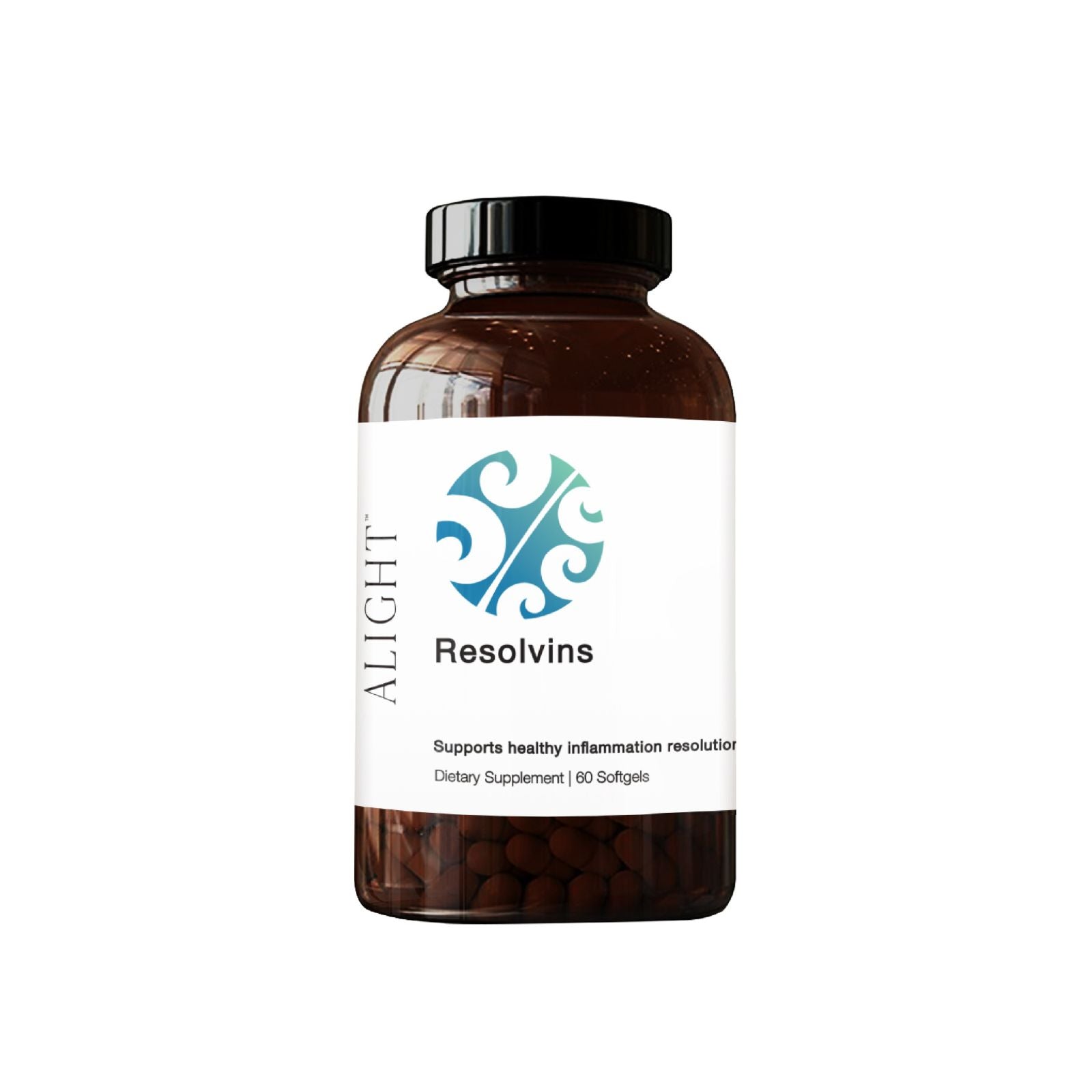 Supplement bottle labeled 'Resolvins' by 'Alight' on a white background
