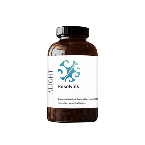 Supplement bottle labeled 'Resolvins' by 'Alight' on a white background