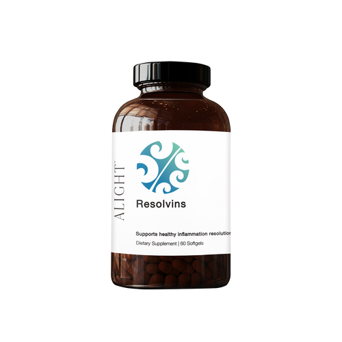 Supplement bottle labeled 'Resolvins' by 'Alight' on a white background