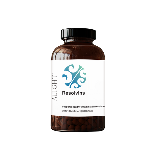 Supplement bottle labeled 'Resolvins' by 'Alight' on a white background