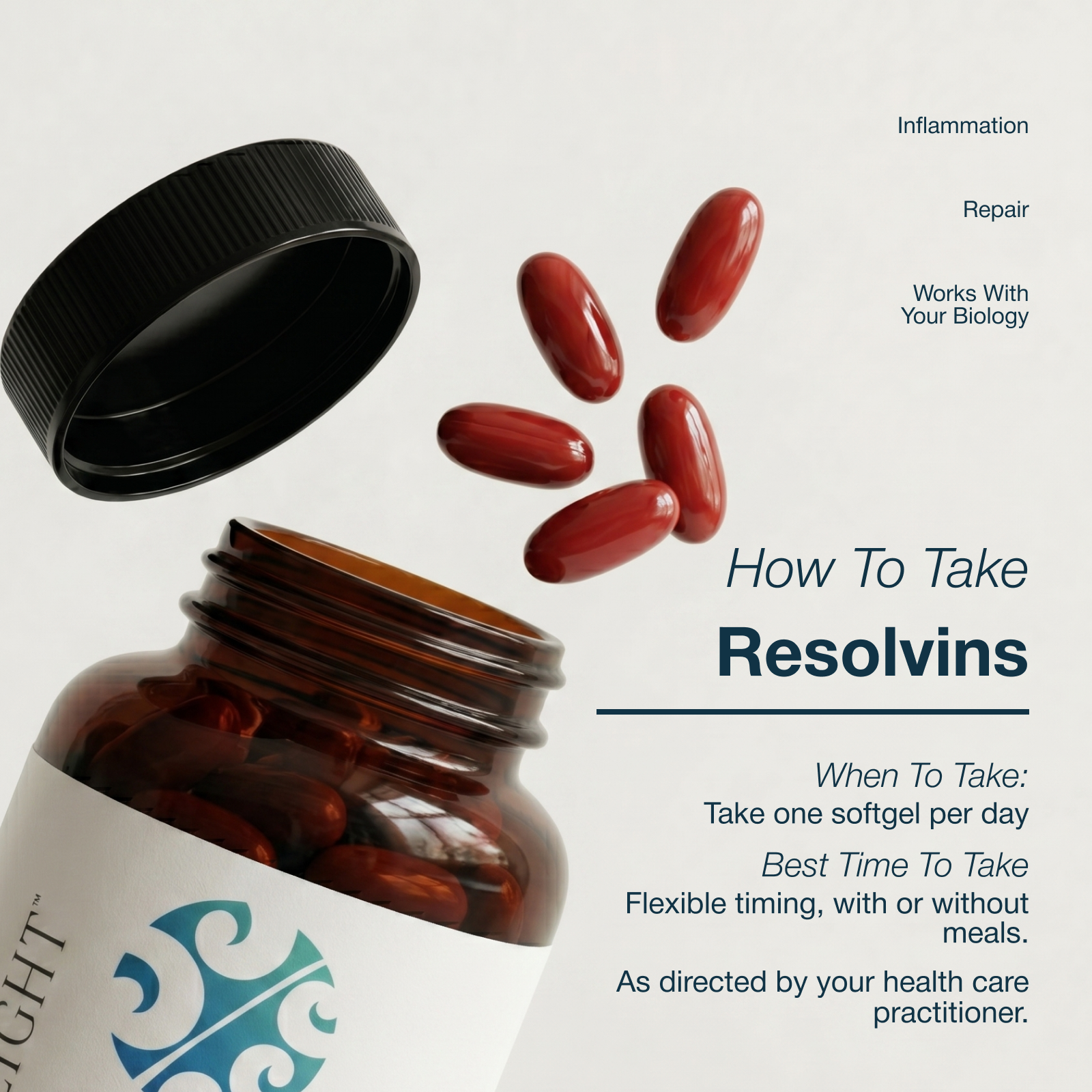 Brown bottle of Resolvins with capsules spilling out on a light gray background
