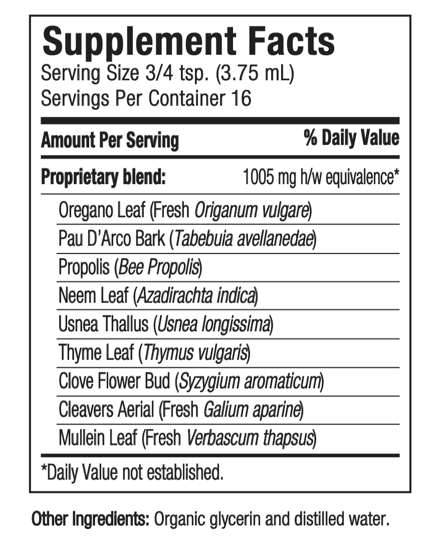 Supplement facts label with herbal ingredients and serving size details.