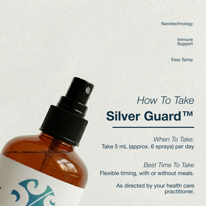 Silver Guard bottle with instructions on a light gray background