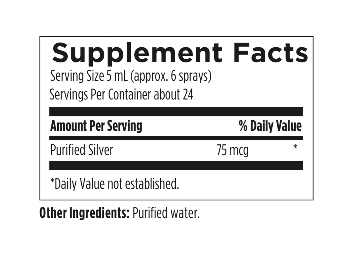 Supplement facts label with purified silver content on a white background