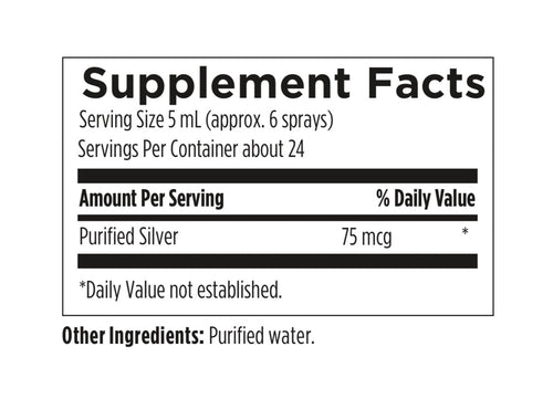 Supplement facts label with purified silver content on a white background
