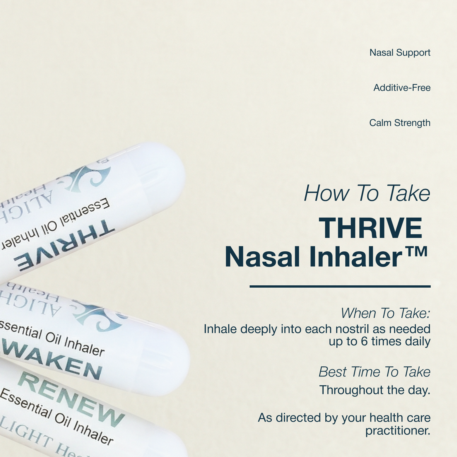 THRIVE nasal inhaler packaging with text on a light beige background