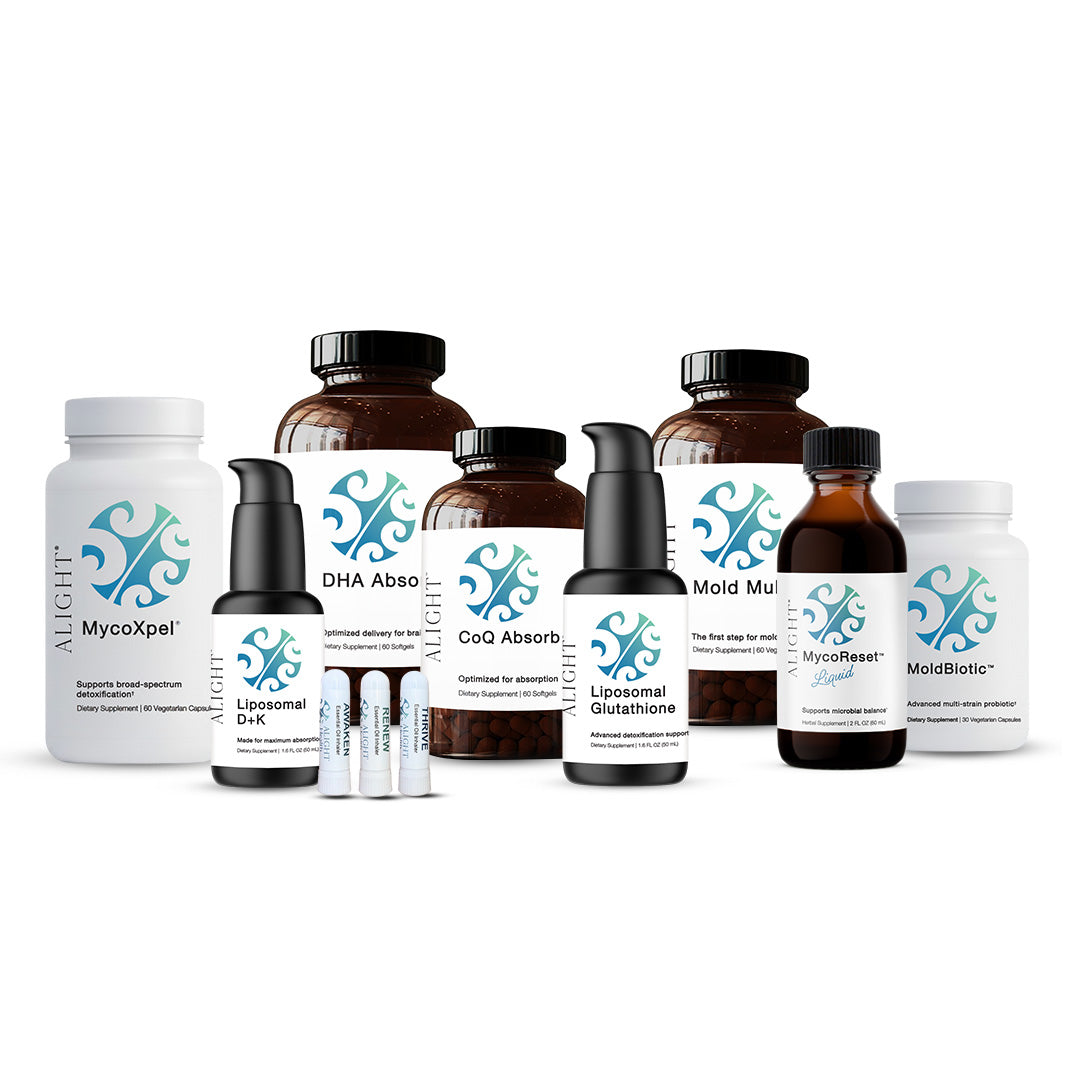 Collection of health supplements with visible branding on a white background