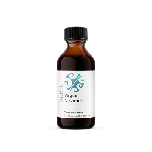 Bottle of Vagus Nirvana supplement with a white label on a white background