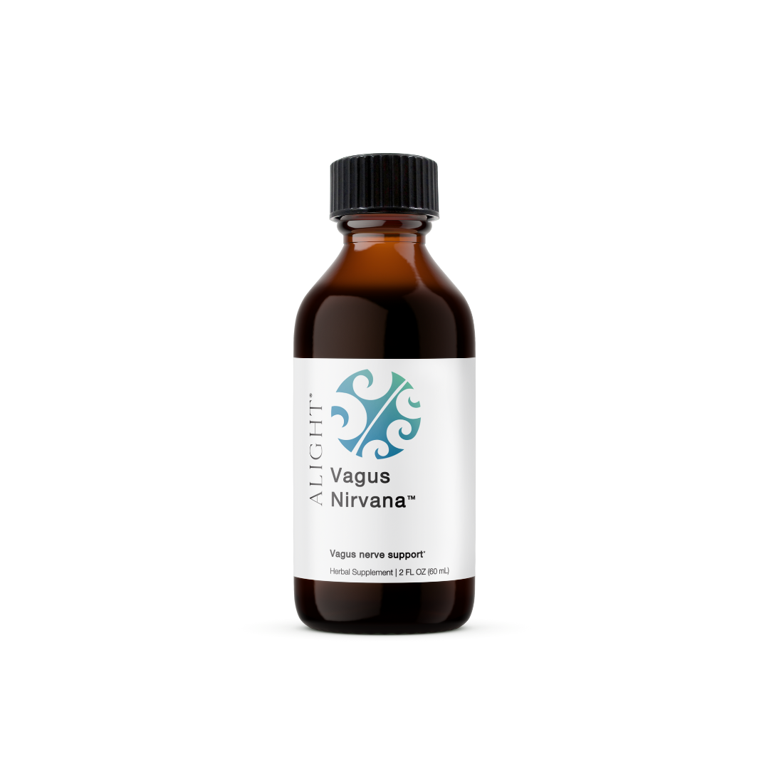 Bottle of Vagus Nirvana supplement with a black cap on a white background