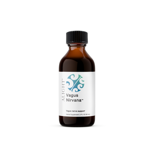 Bottle of Vagus Nirvana supplement with a black cap on a white background