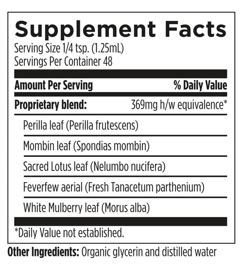 Supplement facts label with herbal ingredients and serving size details.