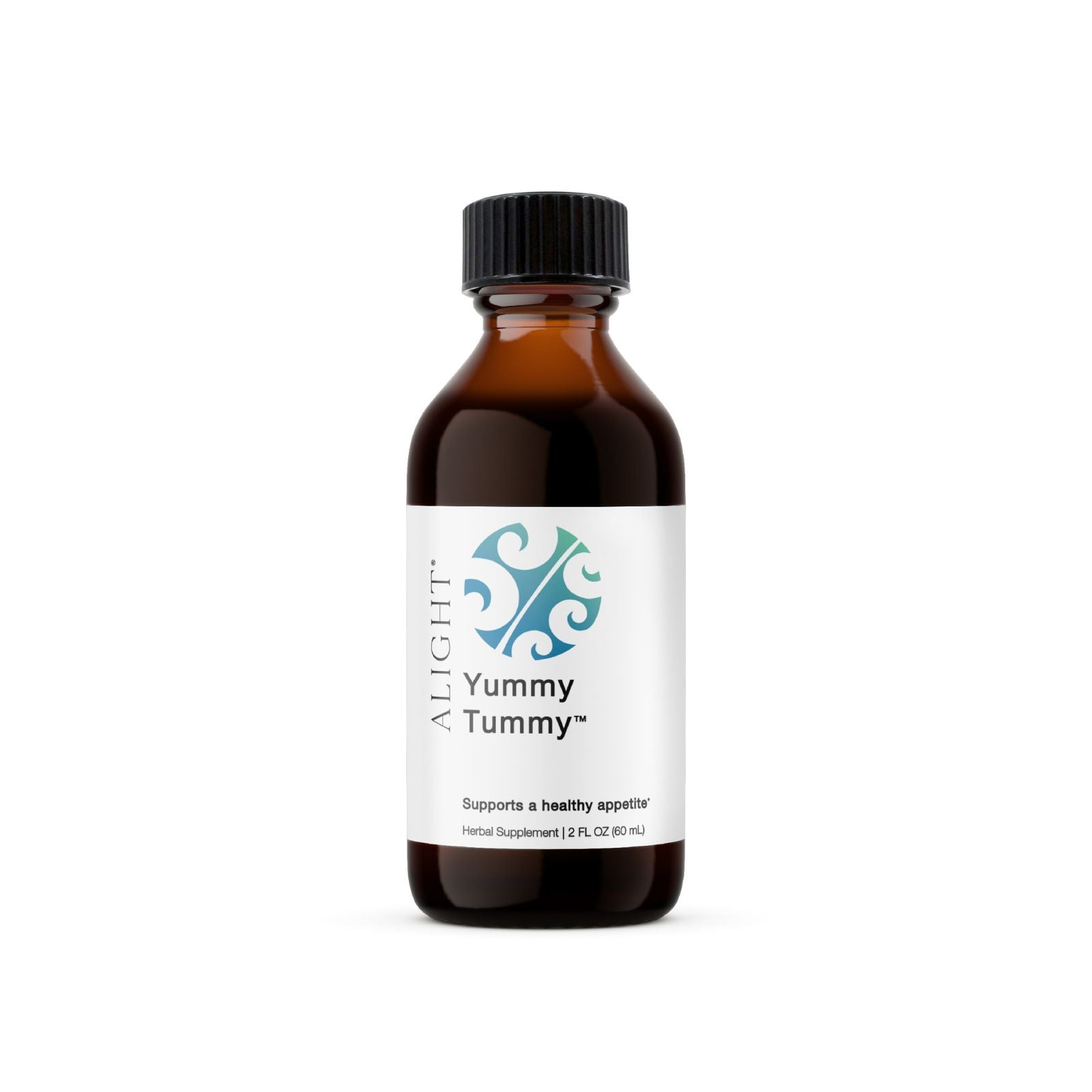 Bottle of 'Yummy Tummy' supplement with a black cap on a white background