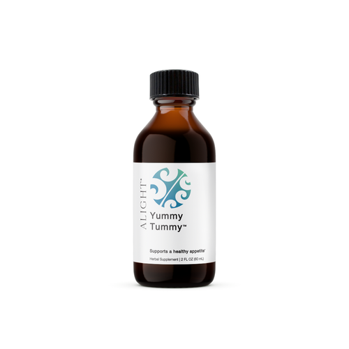 Bottle of 'Yummy Tummy' supplement with a black cap on a white background
