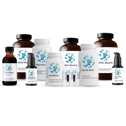 A collection of dietary supplement products from the brand Aligth, including amber glass bottles, white plastic bottles, and a pump bottle, arranged against a plain white background.