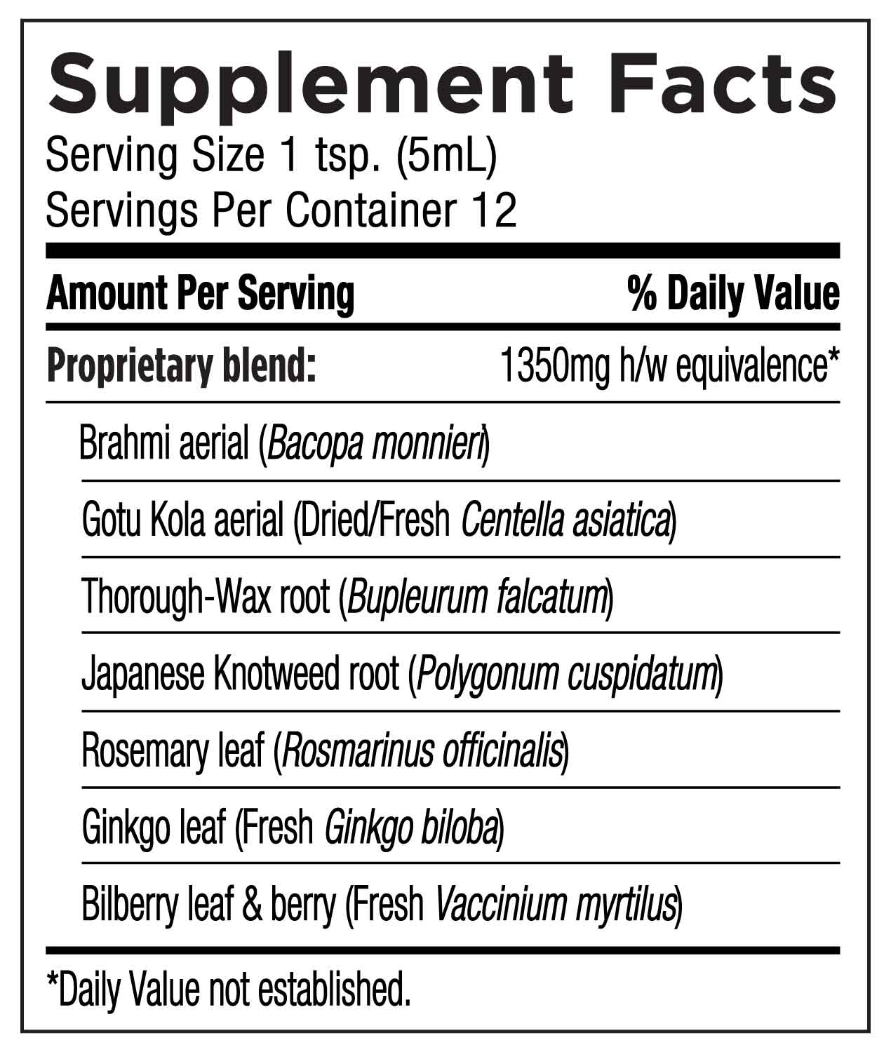 Supplement facts label with herbal ingredients listed
