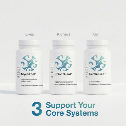 Three supplement bottles labeled 'MycoXpel', 'Color Guard', and 'Gentle Bind' on a white background.