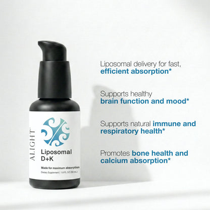 Bottle of ALIGHT Liposomal D+K supplement with text on a white background