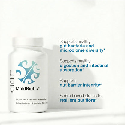 Alight MoldBiotic supplement bottle with text on a white background