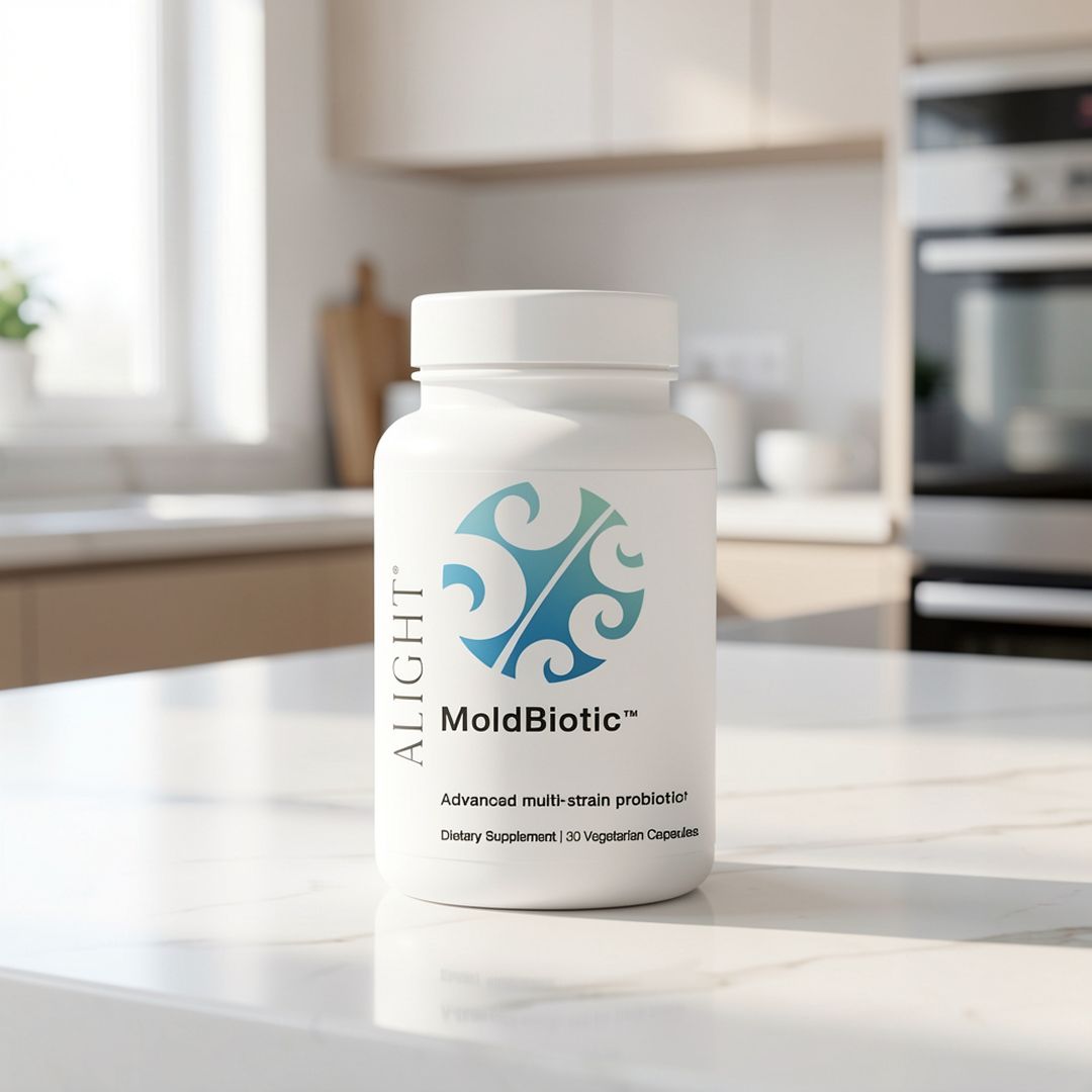 MoldBiotic supplement bottle on a kitchen counter