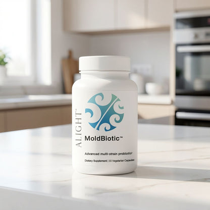 MoldBiotic supplement bottle on a kitchen counter