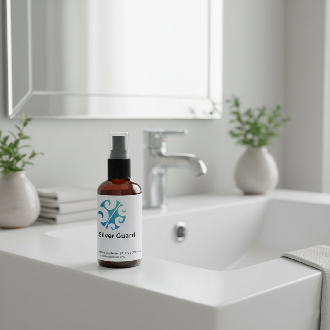 Bottle of 'Silver Guard' on a bathroom counter with a sink and mirror in the background.