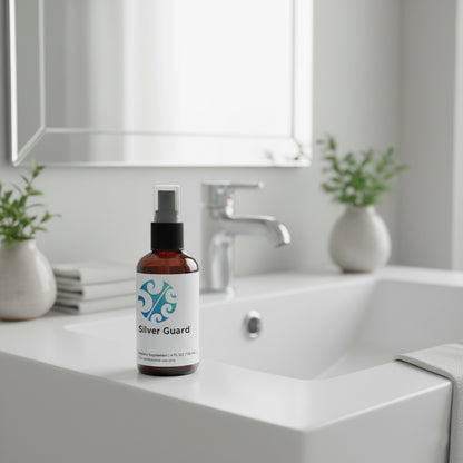 Bottle of 'Silver Guard' on a bathroom counter with a sink and mirror in the background.